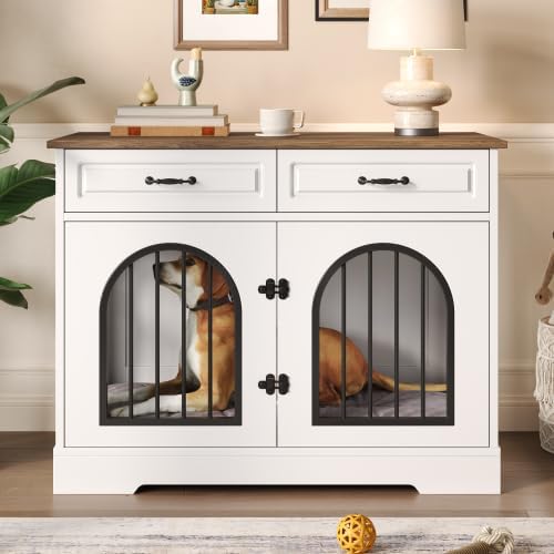 43.3" Dog Crate Furniture End Table with 2 Storage Drawers, Heavy Duty Indoor Dog Kennel for Medium Large Dogs, Side Entry Doors, Anti-Chew Escape Proof Pet Cage, White and Brown
