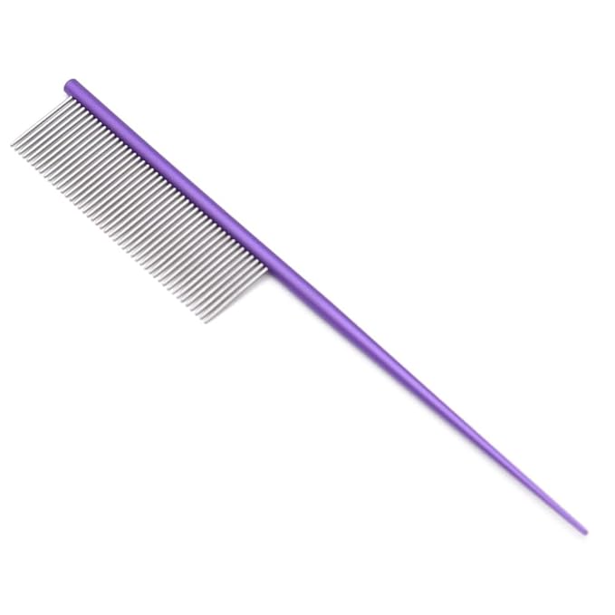 Professional Pet Grooming Comb, 7.2-Inch Stainless Steel Detangling Tool with Ergonomic Handle for Dogs and Cats, Long and Short Coats (Purple, Medium)