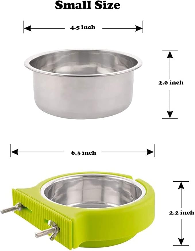 Crate Dog Cat Bowls, Removable Stainless Steel Hanging Pet Cage Bowls for Kennel, Crate Food Water Feeder Bowls with Bolt Holder for Cat, Puppy, Rabbite Birds and Other Small Animals (Small, Green)