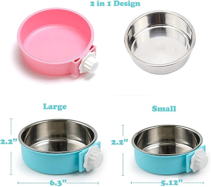 Love Dream Crate Dog Cat Bowls, Removable Stainless Steel Hanging Pet Cage Bowls for Kennel, Water Food Feeder Cage Coop Cup for Cats, Dogs, Rabbits and Small Animals (Large, Pink)