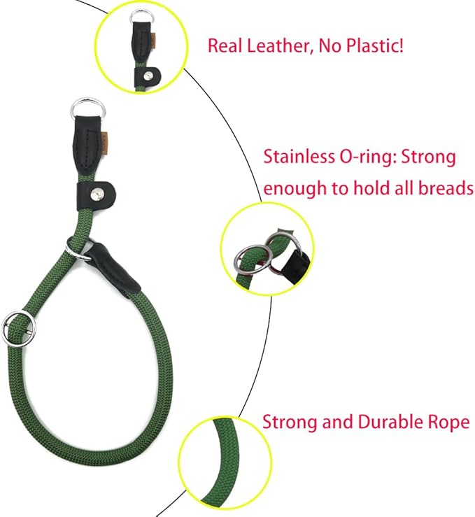 Braided Round Martingale Dog Collar, Training Collar with Slidable Stop Ring and Adjustable Stopper - Ideal for Medium Dogs (M(1/3") - 18" Long, Dark Green)