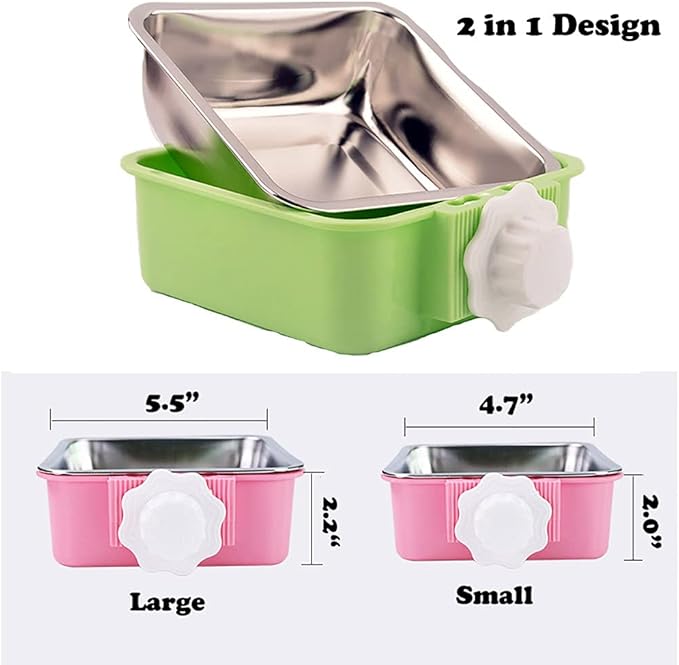 Love Dream Crate Dog Cat Bowls, Removable Stainless Steel Hanging Pet Cage Bowls Kennel, Food Water Feeder with Bolt for Puppy Rabbits Birds 2 Pack with Silicone Sponge Dish Brush