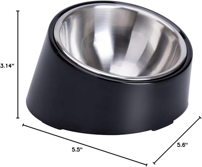 SuperDesign Small Tilted Dog Bowl for Flat-Faced Breeds, Slanted Bulldog Feeder with 2 oz / 0.5 Cup Capacity, 15° Angled Feeding Bowl for Puppies, Cats & Small Dogs, Dark Black