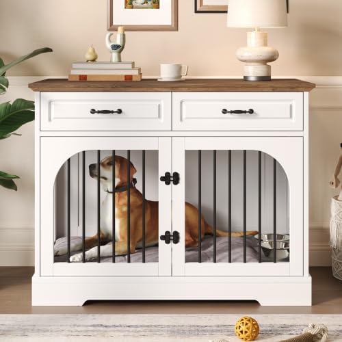 Farmhouse Dog Crate Furniture End Table with 2 Storage Drawers, 360° Rotating Locking Food Bowls, Large & Medium Indoor Metal Bar Kennel for Living Room, White and Brown