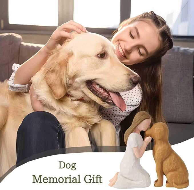 Pet Memorial Figurine for Dog Lovers, Hand-Painted Brown Dog Statue, Girl and Pet Keepsake, Friendship Remembrance Gift, Sympathy Memorial for Loss of Beloved Pet(Brown)