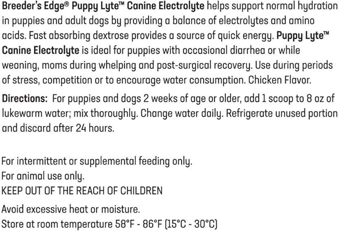 Breeder’s Edge Puppy Lyte, Electrolyte Supplement for Puppies and Nursing Dogs, Supports Hydration, Energy & Recovery, Chicken Soup Flavor, 300g