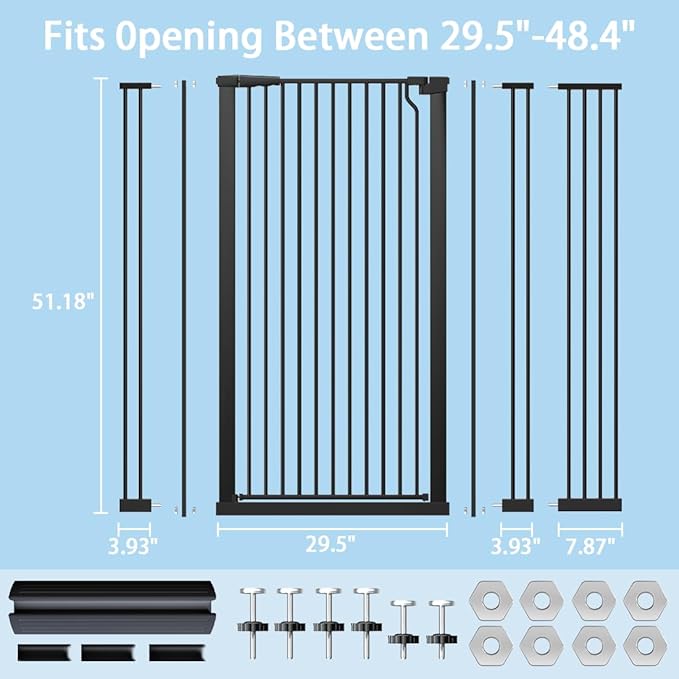 51.18" Extra Tall Cat Gate for Doorway,29.5"- 48.4" Wide Auto Close Tall Pet Gate No Drilling Pressure Mounted for Hallway Kitchen,Black