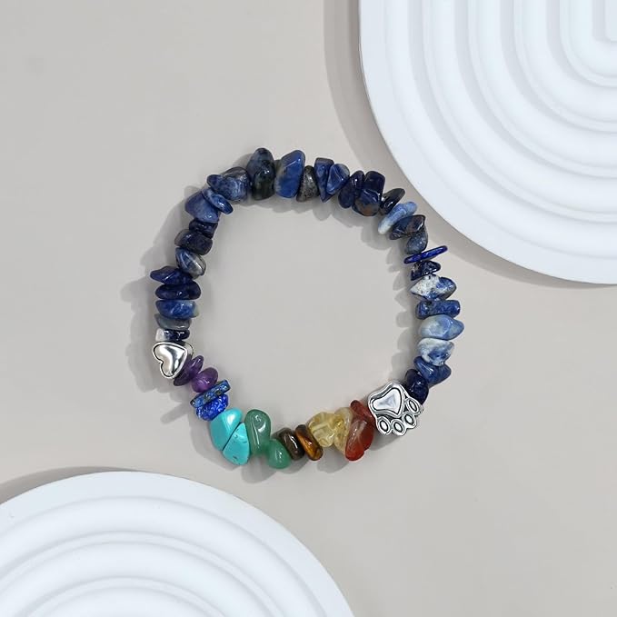 Rainbow Bridge Pet Memorial Bracelet - 7 Colors Chakra, Sympathy Gift for Loss of Dog or Cat, 7MM Mixed Color Gravel Stone, Bracelet for Grieving Pet Owners