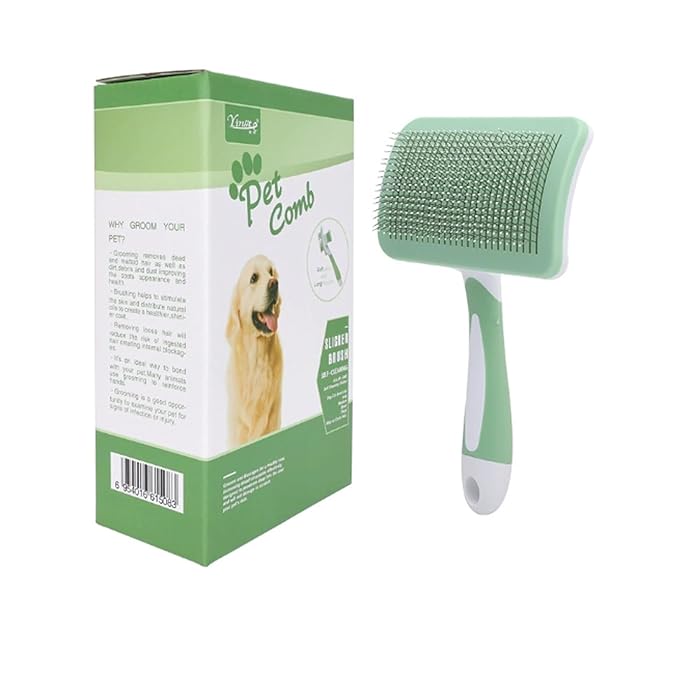 Self Cleaning Slicker Brush for Dogs & Cats, Easy One-Click Self-Cleaning Pet Grooming Brush, Skin-Friendly Deshedding Brush Removes Loose Fur & Undercoat for Long & Short Haired Pets, Green