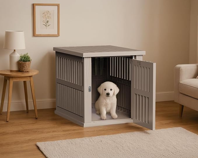 30 INCH Dog Crate Furniture Lockable Indoor Dog Kennel Dogs Cage Heavy Duty Decorative Plastic Pet Cage End Table for Small/Medium Dogs, Grey