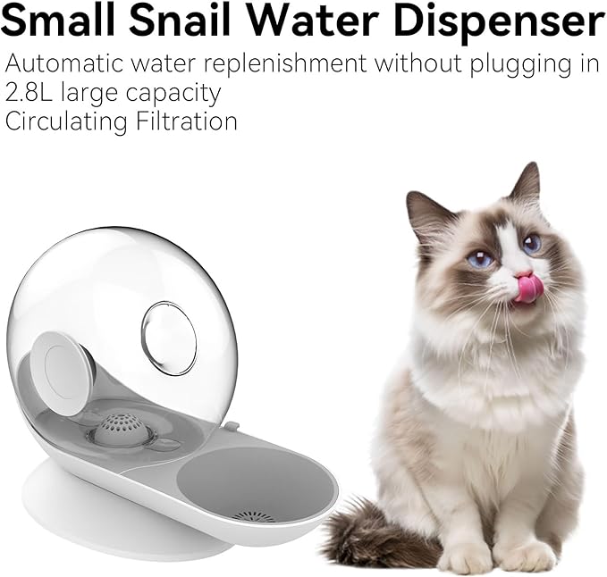 Cat Dog Water Dispenser Automatic Water Drinking Fountain for Small or Medium Size Dogs Cats Easy to Clean Snail Shape 2.8L (Grey)