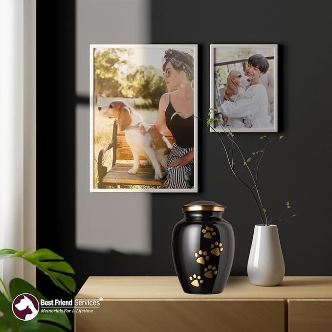 Ottillie Paws Legacy Series Pet Urn for Dogs, Handmade Brass Memorial Cremation Urn (X-Large - Pets up to 170 lbs, Ebony, Vertical Brass Paws)