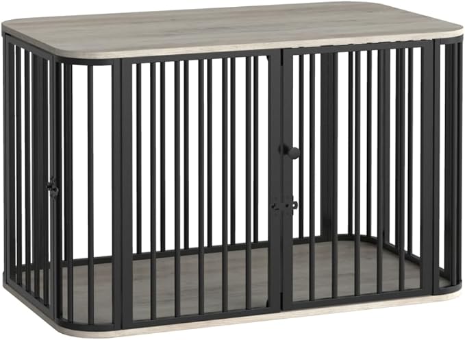 39.4'' Dog Crate Furniture, L Indoor Dog Kennel Dogs Cage, Modern Decorative Pet House for Small/Medium/Large Dogs, Anti-Chew & Anti-Escape, Kennel End Side Table, Greige Black DFC88705B