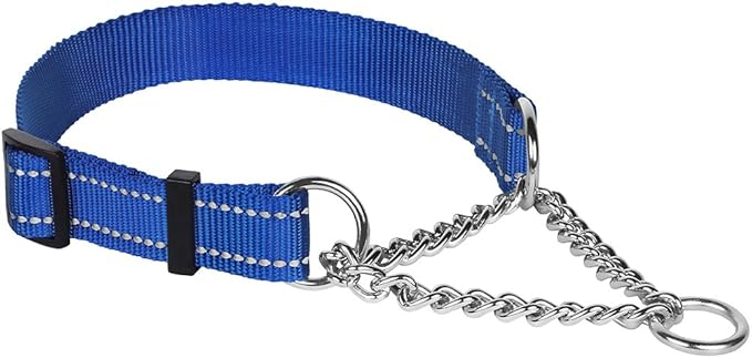 CollarDirect Martingale Dog Collar Training Adjustable Stainless Steel Chain Reflective Nylon Pet Collars for Medium Large Dogs (S, Neck Fit 12"-18", Blue)