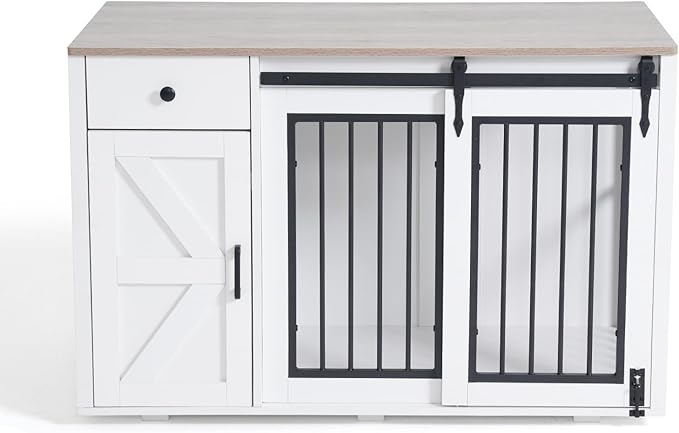Verano Garden 44" Dog Crate Furniture, Heavy Duty Dog Kennel Indoor, 2-in-1 Furniture-Style Dog Crate with Storage Drawer & Cabinet for Small Medium Dogs, White (44" Left Facing Door)
