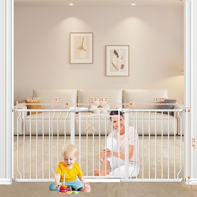 62.5-71.6" Extra Wide Baby Gate for Stairs No Drilling, 30" Tall Auto Close Press Mounted Dog Gates for Doorways, Adjustable Width Walk Through Long Gates for Kids or Pets, White