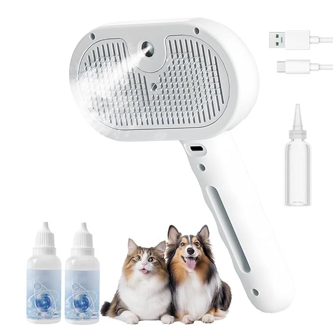 3 in 1 Pet Grooming Spray Brush for Dogs & Cats, Deshedding Hair Removal Tool with Water Mist, Grooming Tool for Long Short Hair Pets (White)