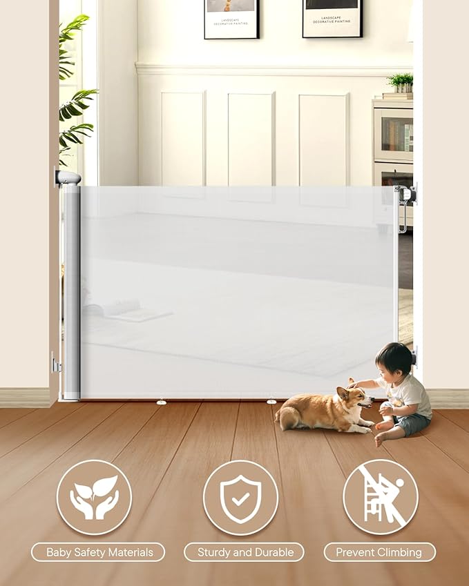Retractable Dog Gate for Staris - Extends to 71" Wide, 34" Tall Baby Gates for Indoor Outdoor Use, Stair Gate for Hallways, Doorways, Deck, Porch, Need Drilling, White