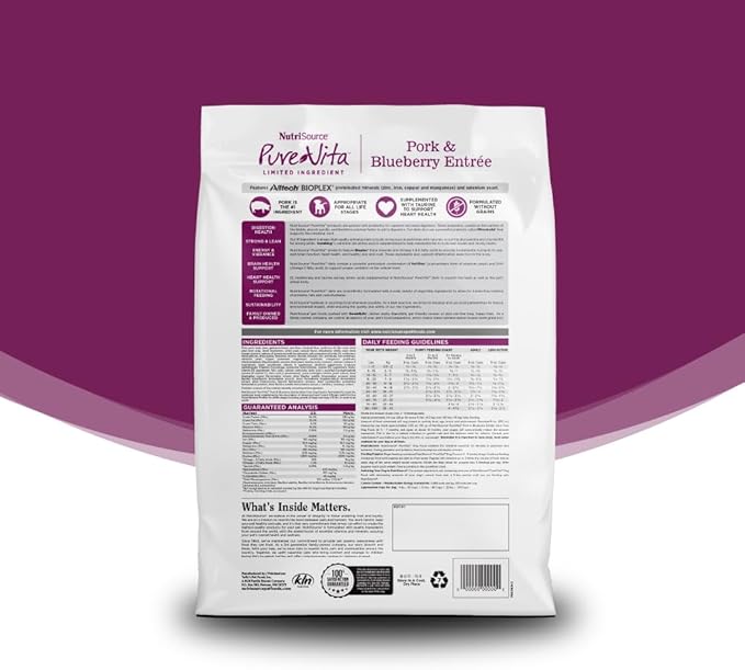NutriSource Pure Vita Grain Free Pork & Blueberry Dog Food, 25LB