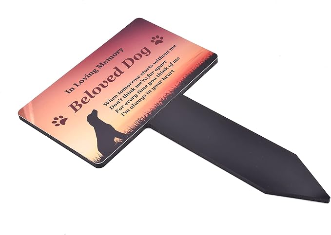 OriginDesigned New Beloved Pet Dog Memorial - Metallic Gold Aluminium Plaque Mounted onto a Black Acrylic Stake.