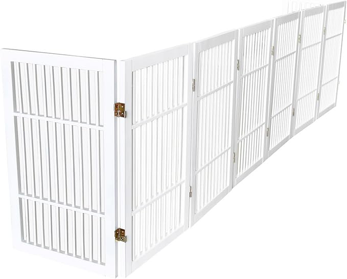 Urnporium Pet Dog Gate Freestanding, Strong Durable Folding Wooden Fence, Portable Acacia Hardwood Safety Barrier for Indoor & Outdoor Use (White Pet Gate, 8 Panel 30" Tall)