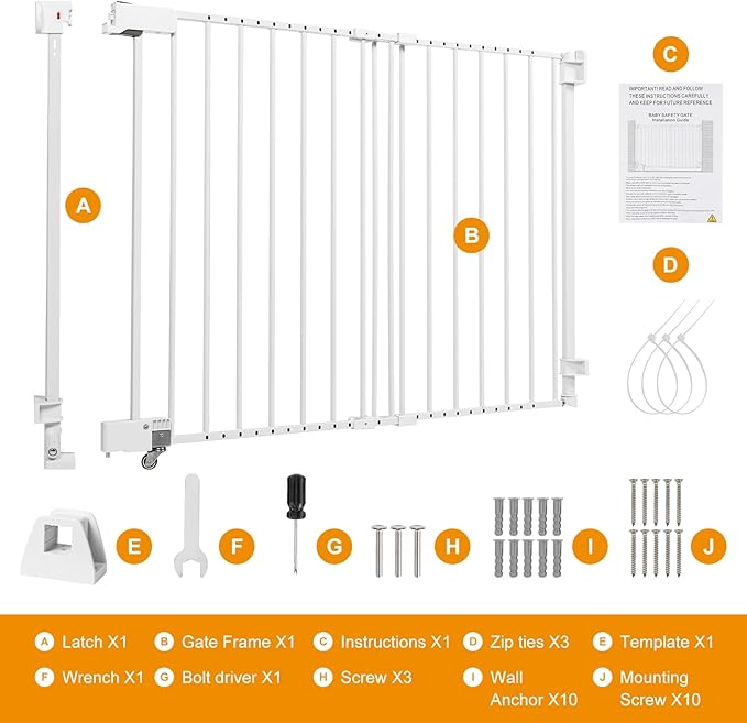 No Bottom Bar Baby Gate, 37 inch Tall Cat Pet Gate for Doorway, Adjustable 27.5in- 43 in Dog Gate with Large Walk Thru Door (White, 37inch)