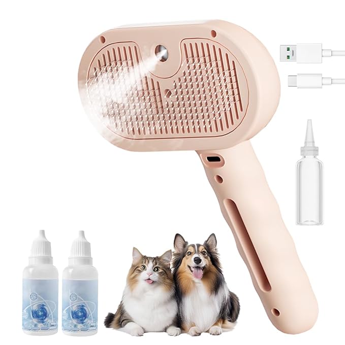 3 in 1 Pet Grooming Spray Brush for Dogs & Cats, Deshedding Hair Removal Tool with Water Mist, Grooming Tool for Long Short Hair Pets (Pink)