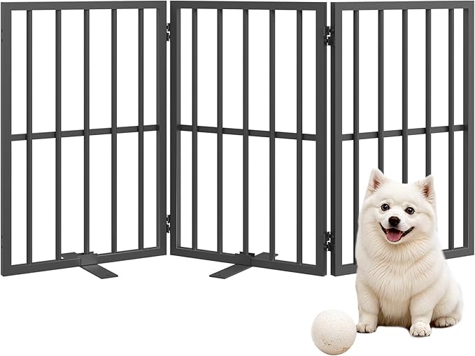 Dog Gate Indoor, Freestanding Foldable Pet Gate for The House, Doorway, Stairs, 48.2" W x 23.6" H Metal Step Over Fence with Support Feet, 3-Panel Pet Puppy Safety Fence, Black DGBK6001