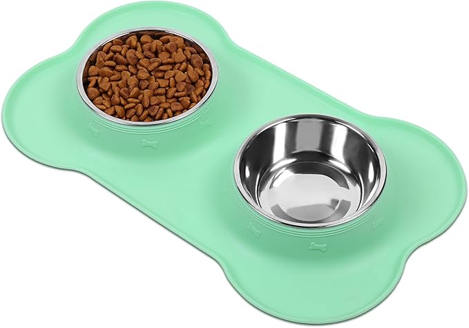 VIVAGLORY Dog Bowl Splashfree Pet Bowl, Dog Dish with Silicone Mat Placemat for Messy Eater, Double Stainless Steel Food Water Feeding Set Dishwasher Safe Spill Proof for Pet, S, Mint Green