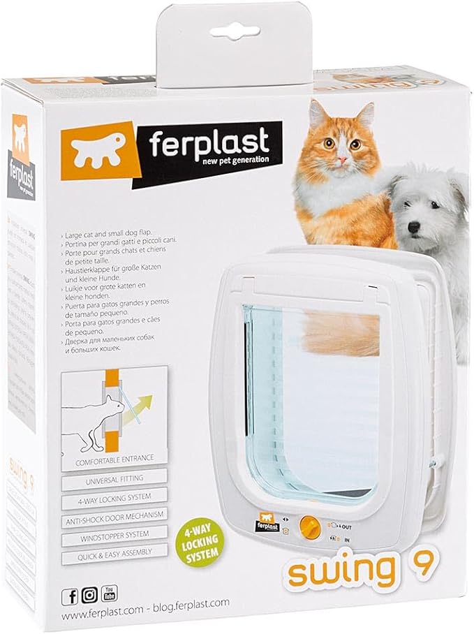 Ferplast Cat Flap Swing 9, Cat and Dog Door, Four-Way Controllable Entry and Exit, Protection Against Draughts, White