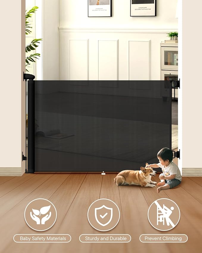 Retractable Baby Gate - 55" Wide Mesh Pet Gate with Anti-Crawling Hook, Safety Lock, One-Hand Operation, 34" Tall Baby Gate for Stairs, Doorways, Hallways, Garage, Indoor Outdoor, Black
