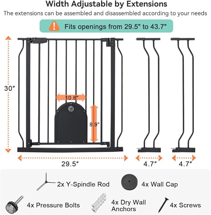 COMOMY 29.5-43.7" Baby Gate with Adjustable Cat Door,Extra Wide Metal Cat Gate for Stairs Doorways, Auto Close Dog Gate with Pet Door for House, Pressure Mounted Easy Walk Through (30" Tall, Black)