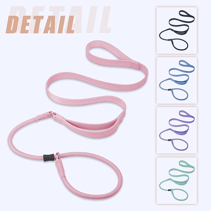 Slip Lead Dog Leash, Soft Leather Dog Training Leash with Double Handle, Heavy Duty Nylon Dog Lead Slip Lead and Collar, No Pull Walk for Medium Large Small Dogs 6ft Pink