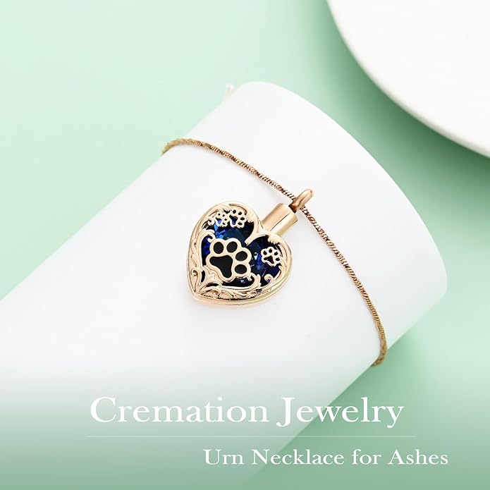 Heart Urn Necklace For Ashes Birthstone Pet Memorial Jewelry Dog Paw Print Cremation Pendant Stainless Steel Keepsake Gift For Pet Lovers