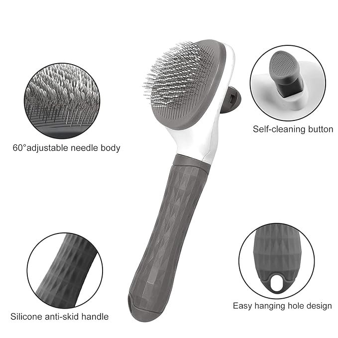 Dog Brush Cat Brush Grooming Comb - Self-Cleaning Slicker Brush with Smooth Handle for Pet Grooming, Shedding Tools, and Massage(grey)