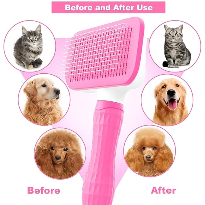 Pet hair grooming square brush with Massage Particles, Self Cleaning Dematting Comb Dogs and Cats, Easy to Use, Ergonomic Handle Design (Pink)