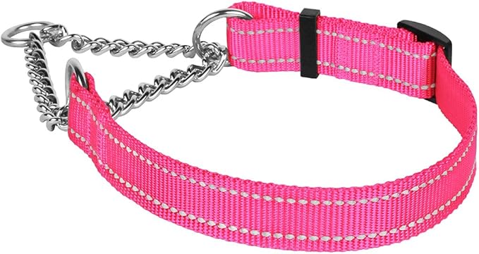 CollarDirect Martingale Dog Collar Training Adjustable Stainless Steel Chain Reflective Nylon Pet Collars for Medium Large Dogs (M, Neck Fit 14"-20", Pink)
