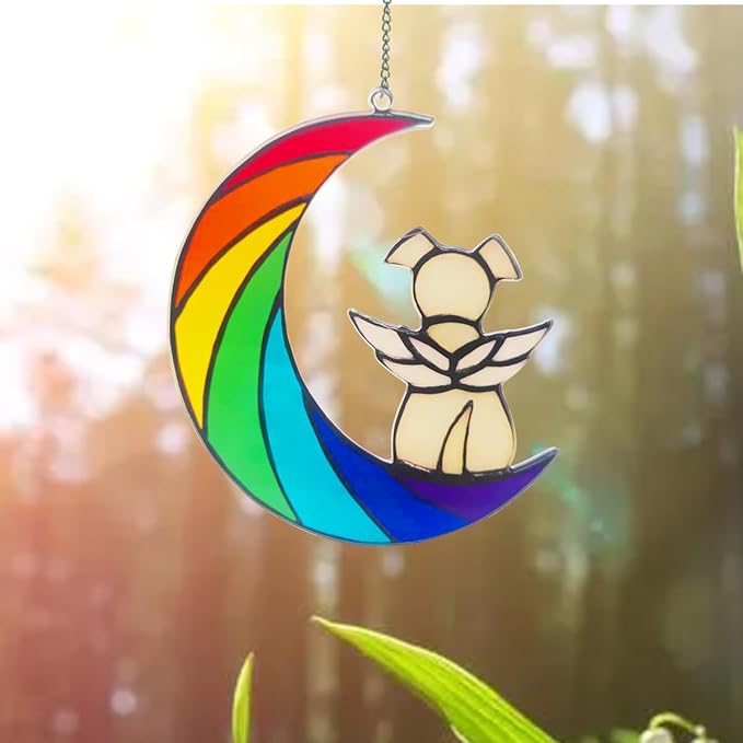 Dog Memorial Gifts for Loss of Dog Pet Sympathy Hanging Acrylic White Angel Dog on Rainbow Moon Dog Beverage Suncatcher Ornaments Decor Window Wall Sympathy Gift for Dog Lover