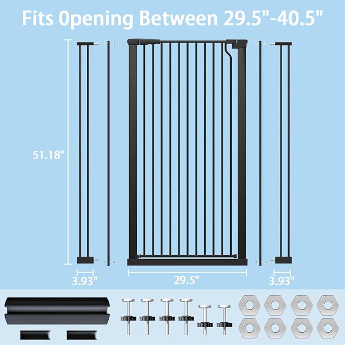 51.18" Extra Tall Cat Gate for Doorway,29.5"- 40.5" Wide Auto Close Tall Pet Gate No Drilling Pressure Mounted for Hallway Kitchen,Black