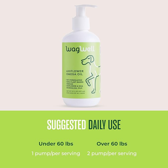 WagWell Ahiflower Omega Oil for Dogs | Vet-Formulated Health Supplement for Joints, Skin, Coat | Plant-Based Omega 3-6-9 Food Topper | for Dogs of All Ages & Sizes, All Natural, Made in USA | 8 fl oz