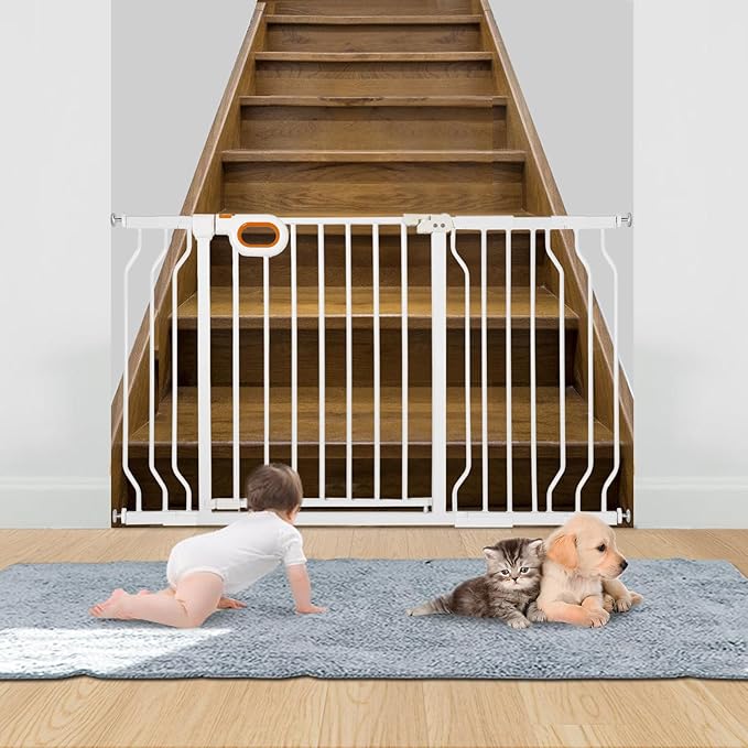 owlie Baby Gate for Stairs 29-52 Inch Wide, Safety Gate for Baby Adjustable Pet Gate with Door Pressure Mounted Gates for Kids Toddler Dogs Extension Kit Indoor Stairway Doorway White (30.5'' Tall)
