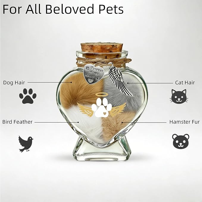 Pet Memorial Bottle for Pet Hair, Pet Fur Memorial Keepsake, Keepsake for Dog and Cat Hair with Heart Shape Glass