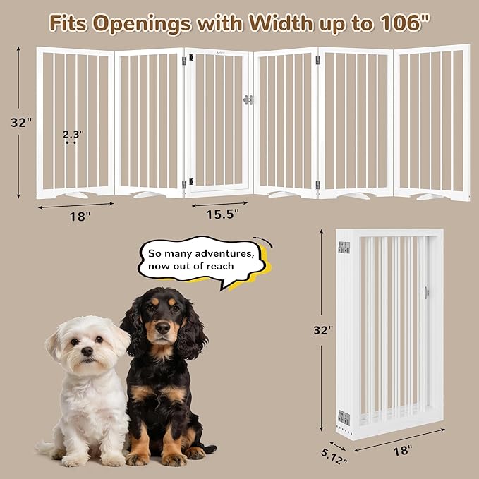 32” Extra Tall Freestanding Dog Gate, Foldable Gates for Dogs Indoor with Door, 6-Panel Dog Fence with Support Feet for Stability, Folding Dog Gates for Doorways Extra Wide No Drilling 106"x32"