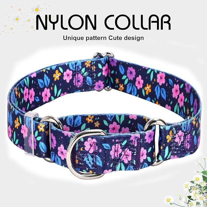 Martingale Dog Collar for Small Medium Large Breed Pet Dogs-No-Slip Escape Proof Choke No Pull Cinch Soft Webbing Dog Collar for Male and Female Purple Flowers L