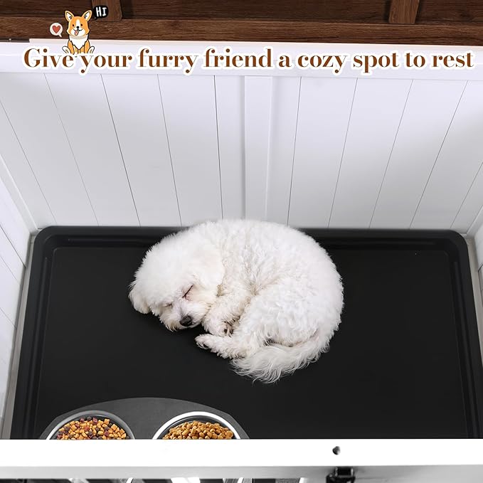 Dog Crate Furniture for Small and Medium Dogs, Decorative Wooden Dog Cage Indoor Pet House Side Table with 360° Swivel Feeder