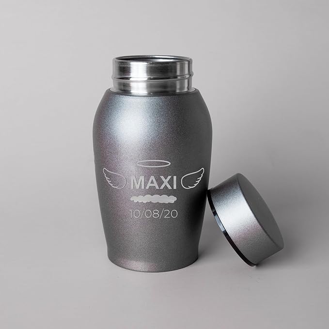 Personalized Cremation Keepsake Pet Ashes Urn Waterproof with Airtight Closure Customized Text Engraving Vase Container Memorial Dog Cat Funeral Decorative (Name w/Angel Wings & Halo)