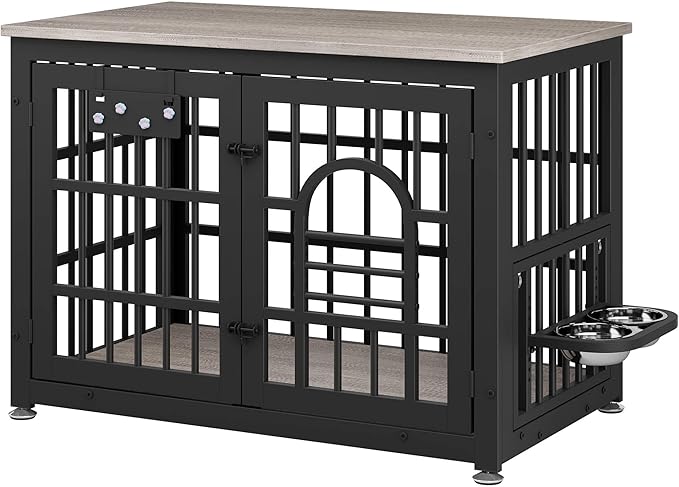 Dog Crate Furniture with Name Tag, Dog Kennel Indoor with 360° Rotating Feeder and Adjustable Heights Bowls, Wooden Decorative Pet Cage End Table for Small Medium Dogs, Grey 37.8" L