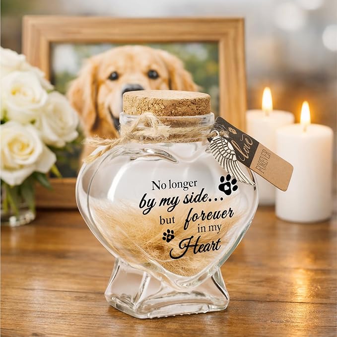 Pet Fur Keepsake Jar-Pet Memorial Gift for Loss of Dog or Cat, Heart-Shaped Glass Pet Hair Keepsake Bottle, Dog Fur Keepsake & Cat Fur Keepsake, Printed Quote Forever in My Heart”