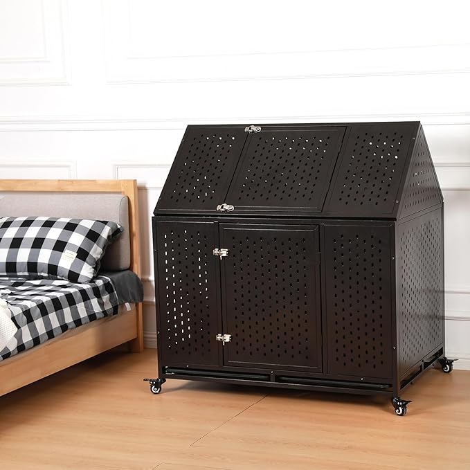 44 inch Indestructible Heavy Duty Dog Crate, Escape-Proof Indoor Impact Dog Cage for Large Medium Dogs, High Anxiety Pet Kennel with 2 Trays, 4 Wheels, 4 Locks and Double Door, XL