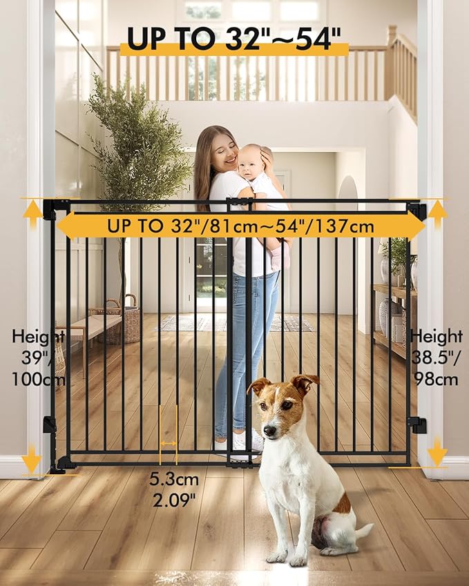 Baby Gate for Stairs Doorways & Kitchen, Extra Wide 32"-54" W x39 H Extra Tall, No Bottom Bar Dog Gate, One-Handed Auto-Close, Hardware Mount Safety Gate for Dogs & Toddlers, Black